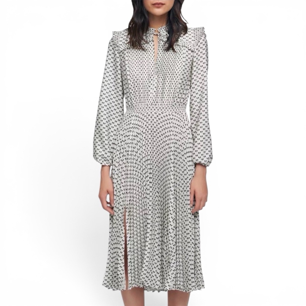 Maje Ripletta Bow Print Midi Dress Pleated Plisse Sz 38 US M